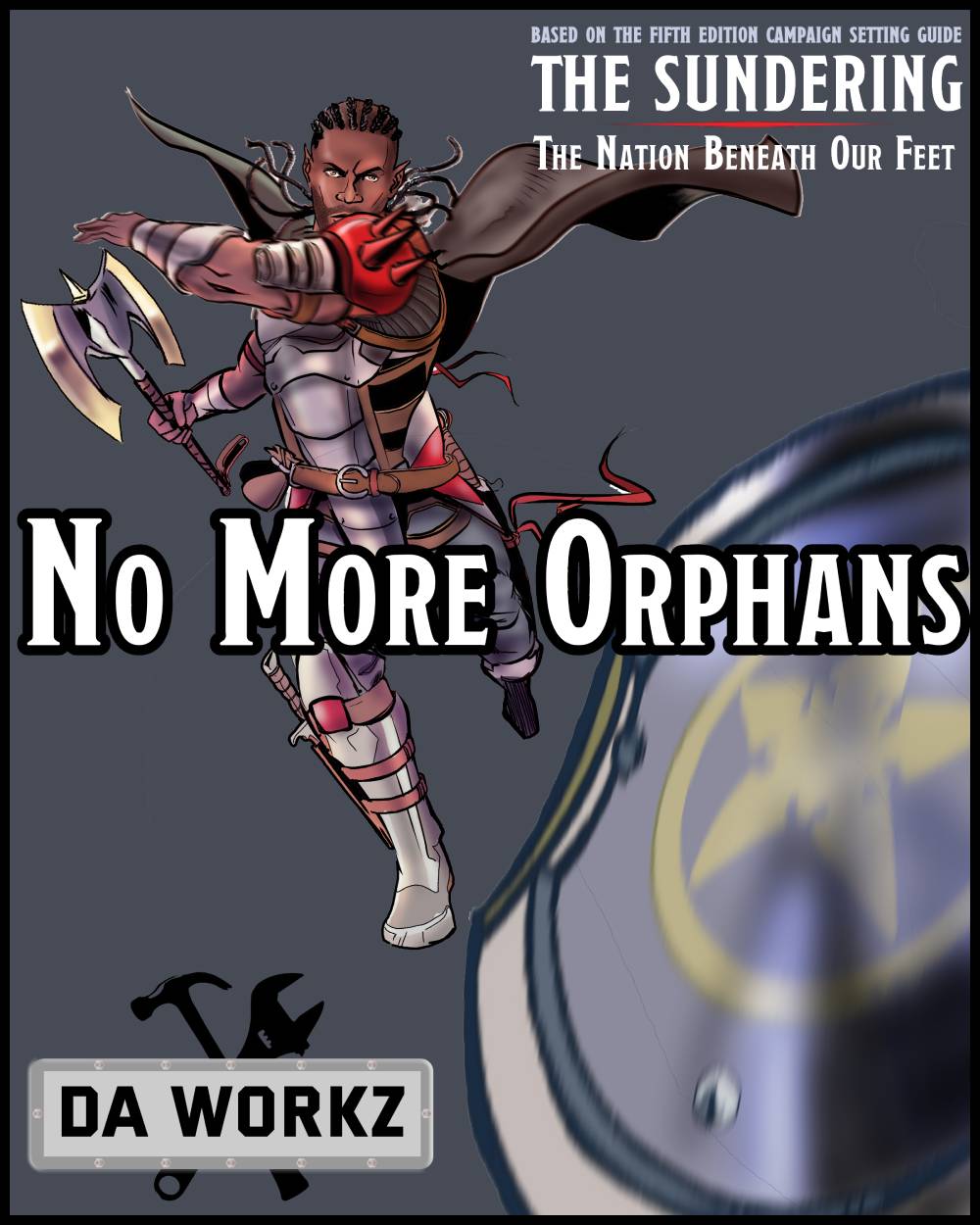 the cover of no more orphans: an image of what it looks like when jaith kuduri throws his mighty shield