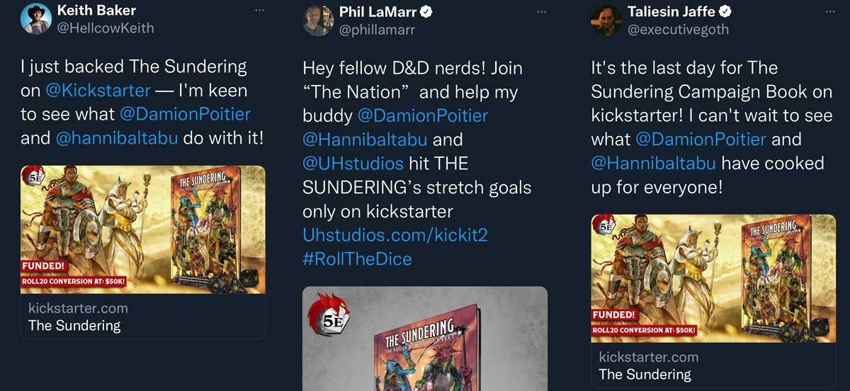 tweets from keith baker, phil lamarr and taliesin jaffe supporting the sundering: the nation beneath our feet
