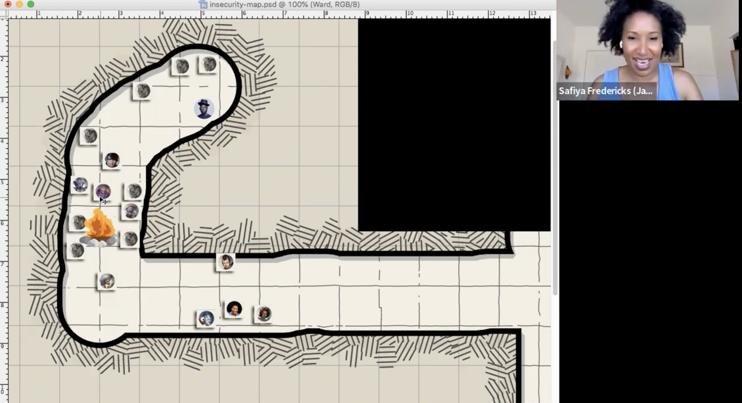 image of a cavern battle map and one of the players, Safiya Fredericks, reading off her 21 initiative roll